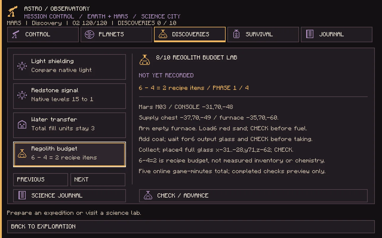 Real in-game screenshot, whole menu: the Mission Control menu on the Discoveries tab, Regolith budget selected.