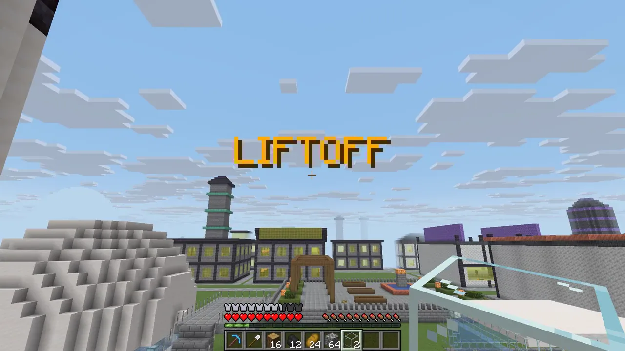 Real in-game capture from an automated test run: the game's gold LIFTOFF title over the Earth science city, seen from the launch pad, HUD on screen.