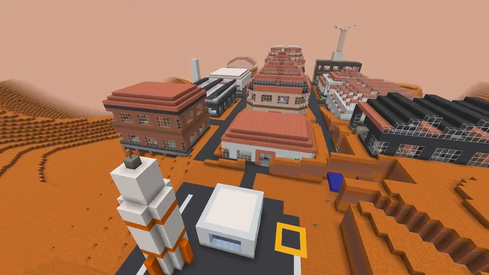 Real in-game still from an automated spectator-camera test: the Mars settlement by day.
