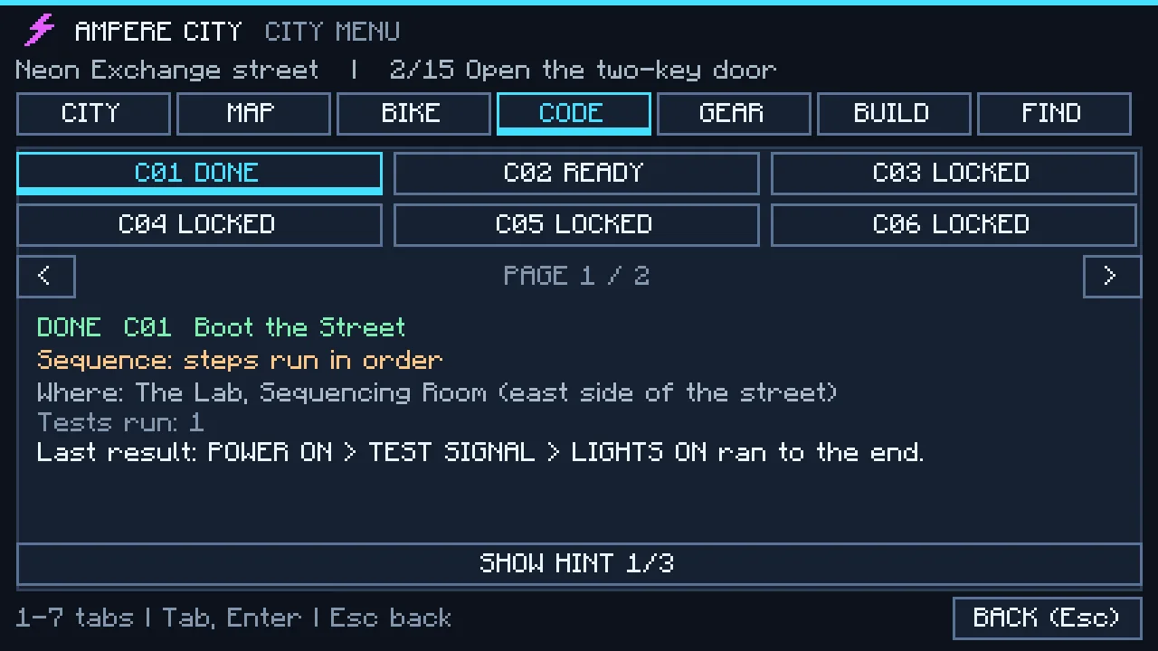 Real in-game screenshot, whole menu: the CODE tab of the city menu, mission C01 DONE, C02 READY, the others LOCKED.