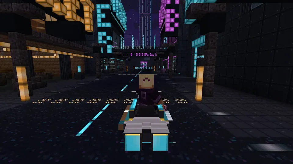 Real in-game still: a hover bike rides down the main street toward the big MAKER letters, recorded by a test script.