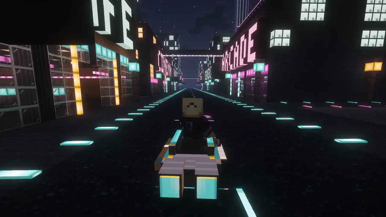 Real in-game capture with a shader pack: riding a hover bike at night down Circuit Avenue, past the ARCADE, CINEMA and ROBOTS neon letters.