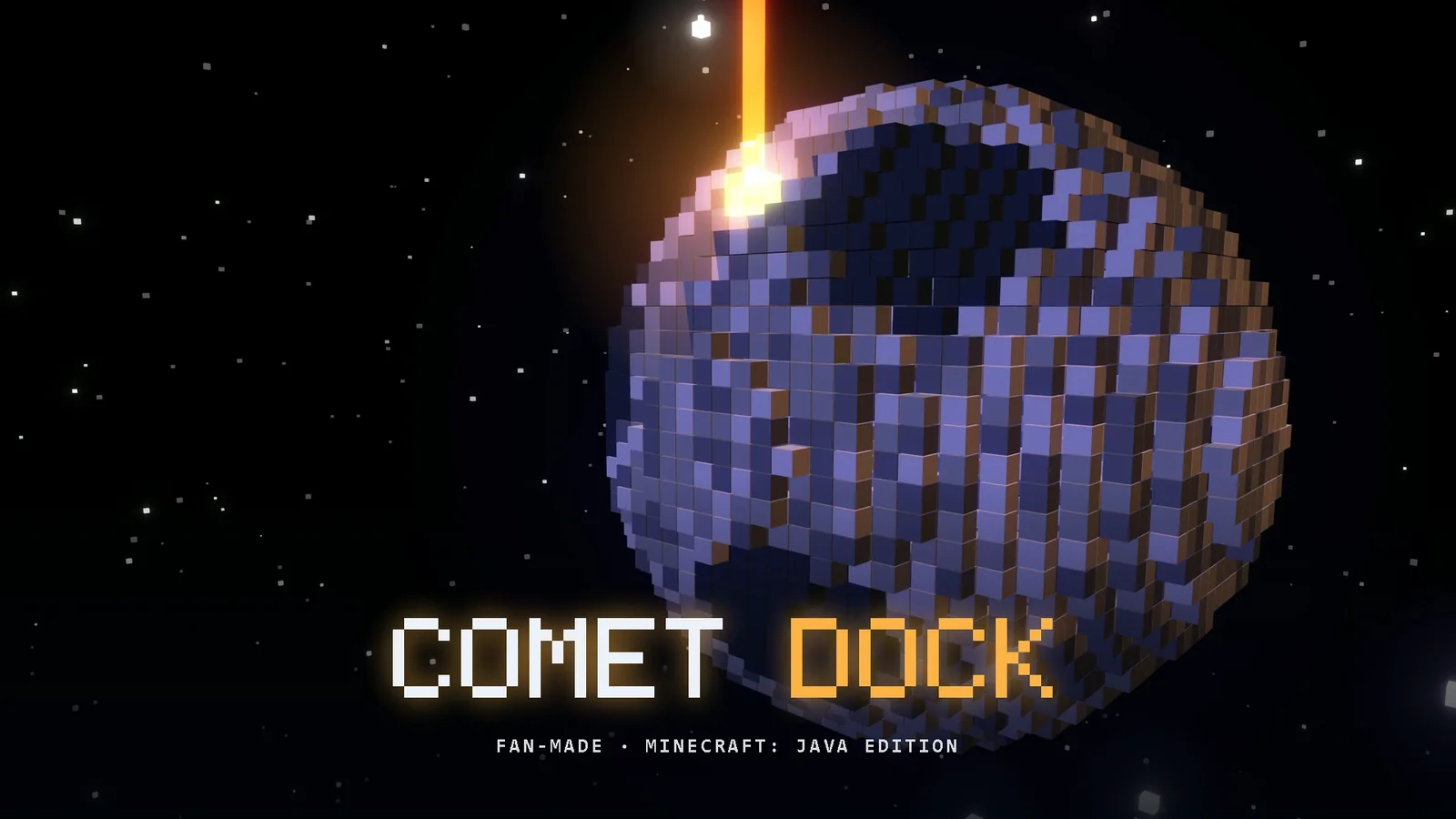COMET DOCK key art, a studio 3D render and not gameplay: a blocky moon in space with a gold beacon beam rising from it.