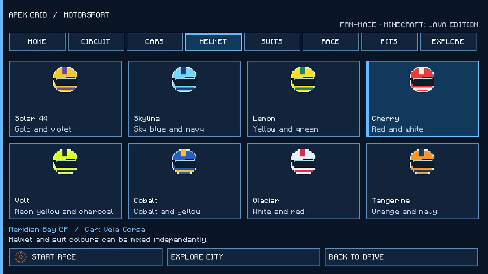 Real in-game screenshot, whole menu: the garage helmet menu, helmets Solar 44, Skyline, Lemon, Volt and Cobalt.